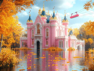Obraz premium a majestic castle with a pink facade and gold accents, perched on a mountain. The castle is surrounded by a serene lake and a forest and connect with cable car