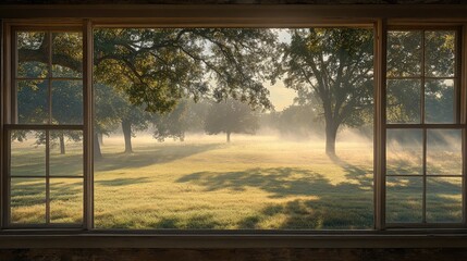 Serene Morning View Through a Rustic Window