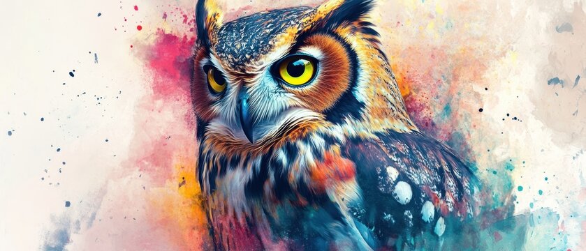 Close-up portrait of a majestic owl with vibrant watercolor splatters in the background.