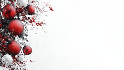 Stylish Christmas red ornaments hanging on a white background, vector illustration. Detailed, digital art with a white background and blank space in the middle as a placeholder for any text or logo
