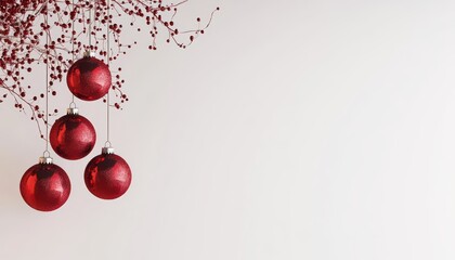 Fototapeta premium Stylish Christmas red ornaments hanging on a white background, vector illustration. Detailed, digital art with a white background and blank space in the middle as a placeholder for any text or logo