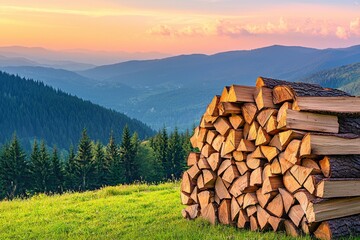 A picturesque landscape featuring a stack of neatly arranged firewood against a backdrop of rolling hills and a colorful sunset.