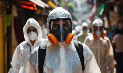 group of people wearing hazmat suits and masks walk down street. They look serious and focused, and image evokes sense of caution and protection