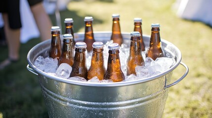Metal bucket filled with ice and chilled beer bottles, condensation adding a refreshing touch, ready for a warm outdoor gathering