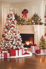 A beautifully decorated Christmas tree with red and white ornaments, surrounded by wrapped gifts under the tree