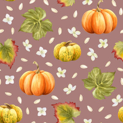 Fall pumpkins vegetables with green leaves and white hydrangea flowers watercolor seamless pattern on pastel pink. Hand drawn autumn harvest background for Thanksgiving day celebration and textile