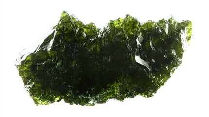 Raw green moldavite gemstone isolated on white background