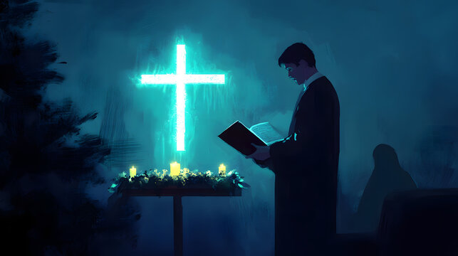 A midnight Christmas mass with the priest reading from the Bible and a glowing cross behind him.