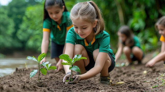 Young girls planting saplings in lush green environment, showcasing teamwork and environmental care. Their smiles reflect joy and commitment to nature conservation
