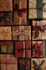 An pile of gorgeously wrapped vintage Christmas gifts, each with unique patterns and textures, showcasing the artistry in gift wrapping, rich decoration with ribbons, holiday vibes