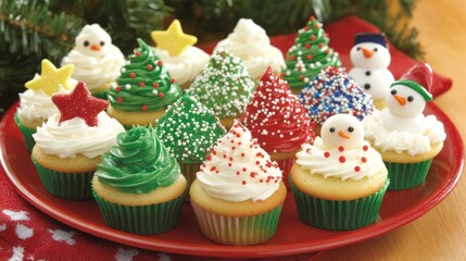 Mini cupcakes with holiday-themed frosting, including Christmas trees, snowmen, and stars, arranged on a festive plate