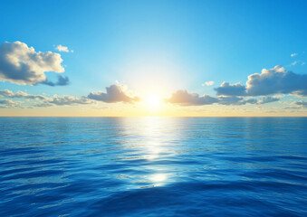 Obraz premium The blue sky is covered with white clouds and the sun sets on the sea surface. The sky's color gradient gradually changes from light yellow to deep orange. A few thin and large cotton candy.