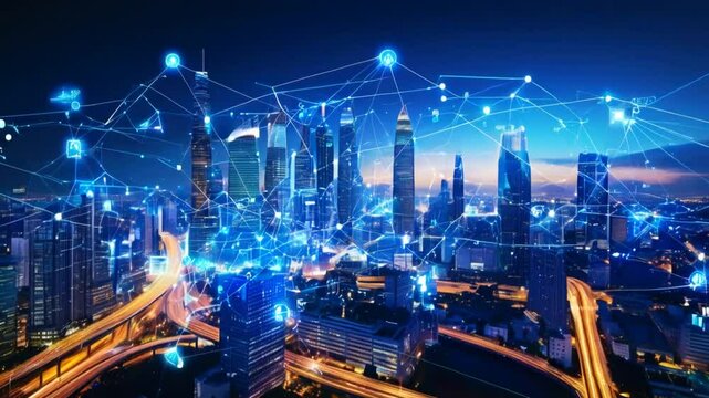 Banner smart city dot point connect with gradient line, connection technology metaverse concept. Bangkok city background at night with big data in Thailand, Panorama view