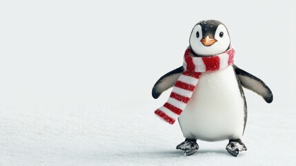 Cute penguin wearing a red and white striped scarf, white isolate background.
