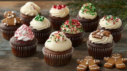 Mini holiday cupcakes decorated with peppermint candy, gingerbread, and red and green sprinkles, displayed on a rustic table