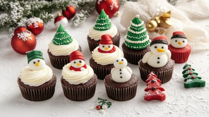 Mini holiday cupcakes with frosting shaped like Christmas trees and snowmen, placed on a white background with holiday decor