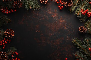 Christmas-themed frame border with red ornaments and pine branches on a dark background, in a flat lay view and blank space for any text or logo