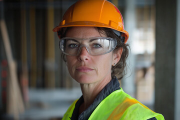 Portrait of a construction woman worker, wearing a fluorescent construction vest, a hardhat and...