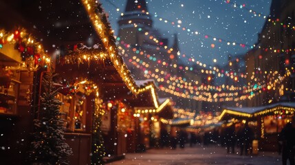 christmas market on a cozy winter evening, twilight lighting, cozy stores, many colored string lights everywhere, decorated christmas trees, snow falling from the sky, film camera photography style