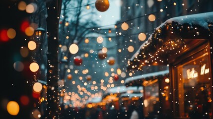 Obraz premium christmas market on a cozy winter evening, twilight lighting, cozy stores, many colored string lights everywhere, decorated christmas trees, snow falling from the sky, film camera photography style