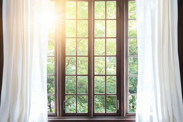 A sunlit window framed by white curtains, revealing a lush green view outside.