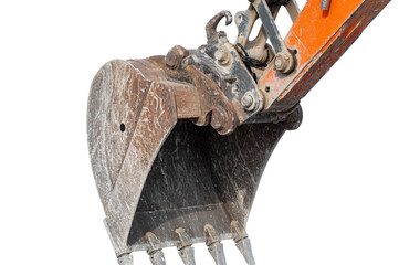bucket of a modern excavator on a white