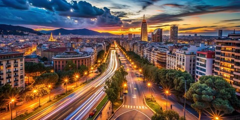 Panoramic Urban Traffic in Barcelona at Dusk - Vertical Format Cityscape with Vibrant Lights and Flowing Vehicles