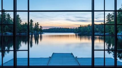 Serene Lake View Through Window at Dusk