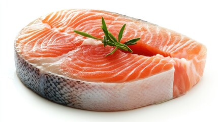 Raw salmon fish steak with detailed marbling, isolated on a clean white background, perfect for healthy meal visuals and ingredient highlights