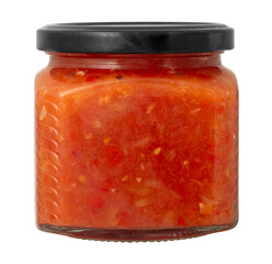 Tomato ketchup in a glass jar. Home canned food. Isolated object on a transparent background