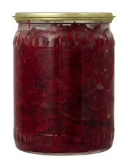 Grated beets, home fermented in a glass jar with a lid. Ready-made preparation for borscht. Isolated object on a transparent background