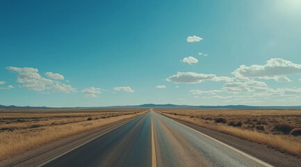 A wide-angle photograph of an empty highway in the middle of the American desert with a clear blue sky, cinematic in style, beautiful yet melancholic, minimalistic with muted tones.