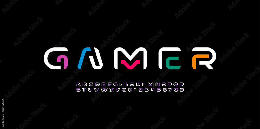 Wall mural modern font alphabet from multi-colored segment line, minimal technology style letters, and numbers,