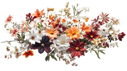 Elegant bouquet of mixed spring flowers, bursting with reds, oranges, and whites, isolated on a white background