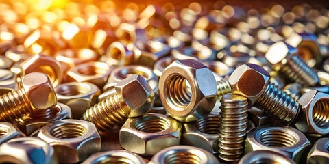 Pile of Screw Nuts Glimmering in Sunlight - High Depth of Field Close-Up of Metal Fasteners, Industrial Hardware, and Tools for DIY Projects and Engineering Tasks