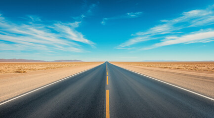 Fototapeta premium A wide-angle photograph of an empty highway in the middle of the American desert with a clear blue sky, cinematic in style, beautiful yet melancholic, minimalistic with muted tones.