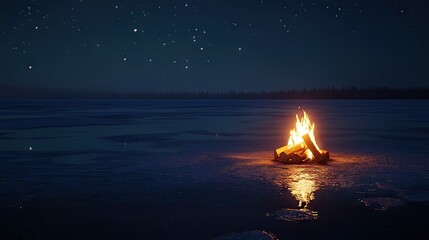 Small, inviting campfire on a frozen lake, casting warm light onto the ice and snow, with a peaceful starry night above