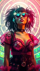 Obraz premium Young woman in vibrant outfit and headphones enjoying music at a festival