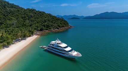 Fototapeta premium A luxury yacht is elegantly anchored beside a pristine tropical island, symbolizing opulence and tranquility amid vibrant turquoise waters.
