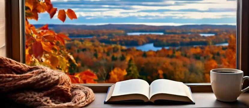 Book and coffee placed by a window overlooking an autumn landscape, creating a warm and cozy reading nook with vibrant fall colors
