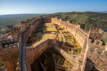 Spectacular view of the interior of the medieval castle of Burgalimar in Baños de la Encina, Jaén, Andalusia, Spain with morning light