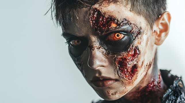 A model with zombie makeup featuring decaying skin and fake wounds.