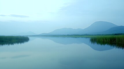 Fototapeta premium Scenic view of a serene lake with a reflection of mountains