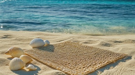 Seashells on Beach with Woven Mat Design