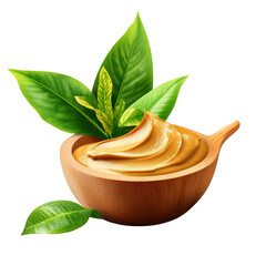 Creamy peanut butter in wooden bowl with fresh green leaves, on transparent background.