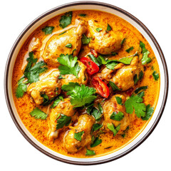 Delicious chicken curry with herbs and spices in a bowl. on transparent background.