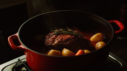 Hearty Meal Cooking in Red Pot