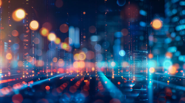 Technology screen overlayed with blurred city lights in an abstract background.