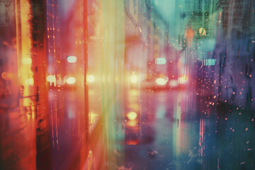 Fototapeta premium Retro film photography effect. Grunge texture frame. Dusted Holographic Abstract Multicolored Vintage Retro Looking Backgound Photo, Rainbow Light Leaks Prism Colors. Blurred city lights, bokeh effect