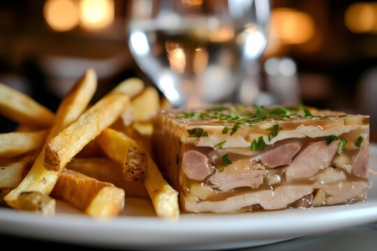 Close-up of Potjevleesch, a terrine with pork, rabbit, and chicken in clear jelly, served cold with crispy fries on a sleek table. A softly blurred French restaurant adds elegance